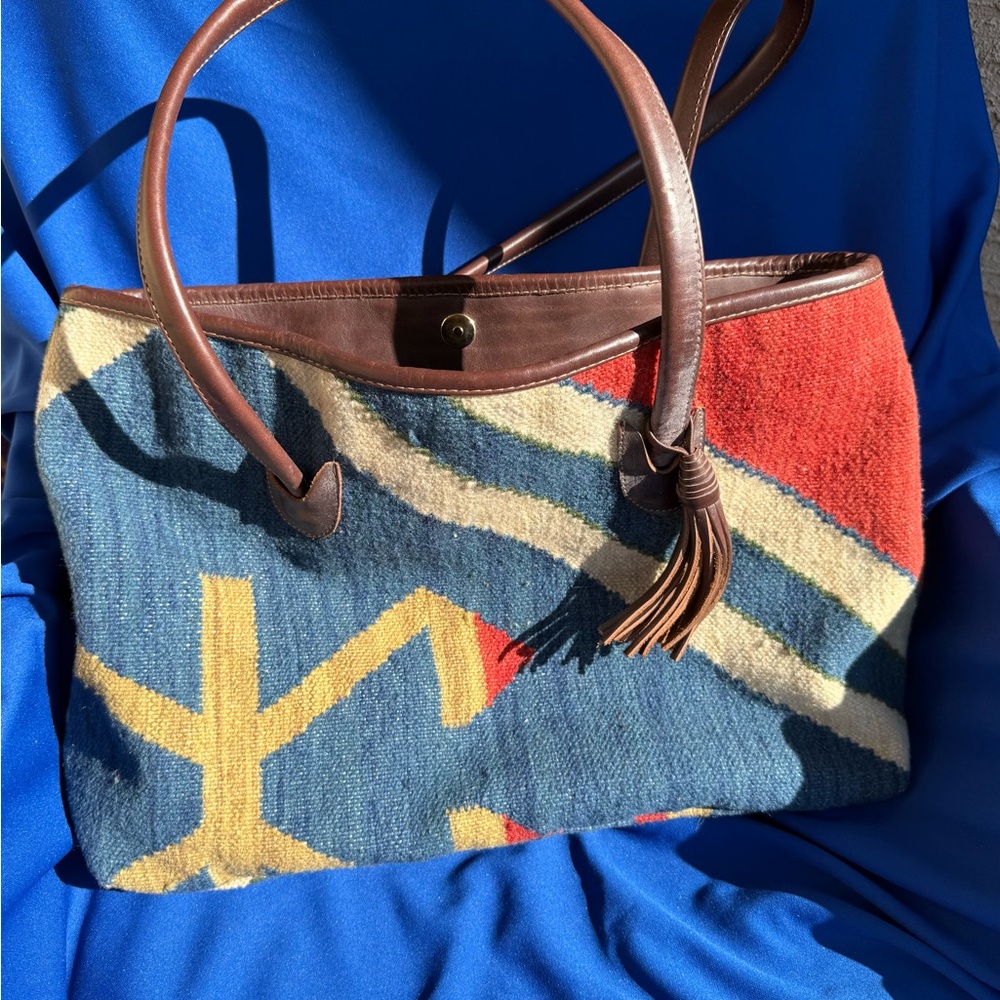 Woven Geometric Aztec Style Tote Bag with Leather Accents